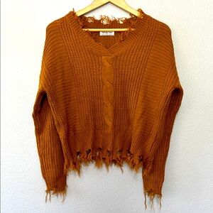 Frayed Hem Cable Knit Sweater - Orange